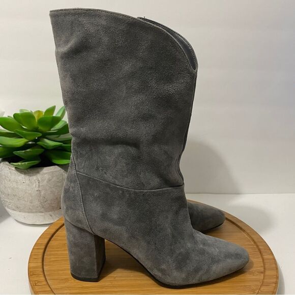 White House Black Market Charlie Grey Suede Western Boot Sz 8 Chic Chunky Heel - Picture 2 of 8